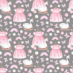 Vintage girl dress. Watercolor seamless pattern. Little girl, baby. Children's room. Pink, gray colors. Baby shower, birthday. For printing on greeting cards, fabric, textiles, wrapping.