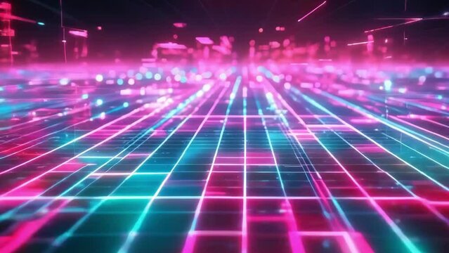 neon lights purple and blue retro wave glowing grid vr space background animation - 4k new colorful dynamic stock video footage AI