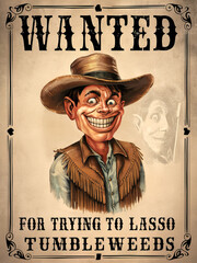 A wanted poster features grinning cowboy in hat and fringe jacket, accused of "trying to lasso tumbleweeds." Poster has vintage, old-western look with bold lettering and weathered, rustic appearance.
