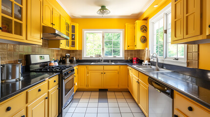 Fototapeta premium A kitchen with ceramic tile floors. Yellow walls and countertops covered in black granite. 