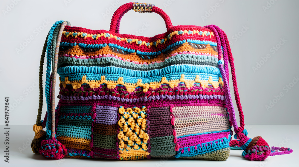 Poster a large crochet bag with colorful patterns and texture