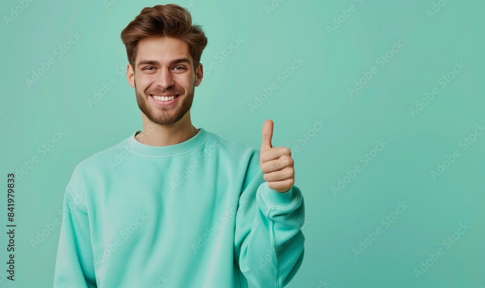 Wall mural Young caucasian man in a sweatshirt smiling with healthy teeth showing thumb up at copy space expressing wow emotion standing isolated on mint background