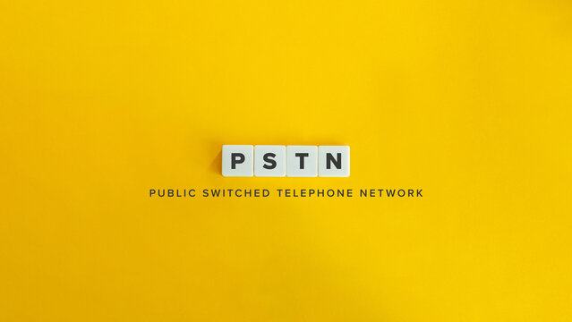 Public Switched Telephone Network (PSTN) Banner. Text on Block Letter Tiles and Icon on Flat Background. Minimalist Aesthetics.