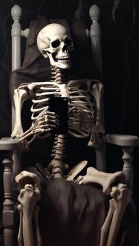 A skeleton is sitting in a chair with a cell phone in his hand. The image has a creepy and eerie mood, as the skeleton is not a real person but a prop