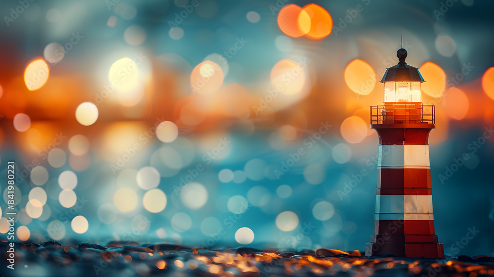 Poster a lighthouse standing majestically in front of a vivid large bokeh. shallow depth of field. striking