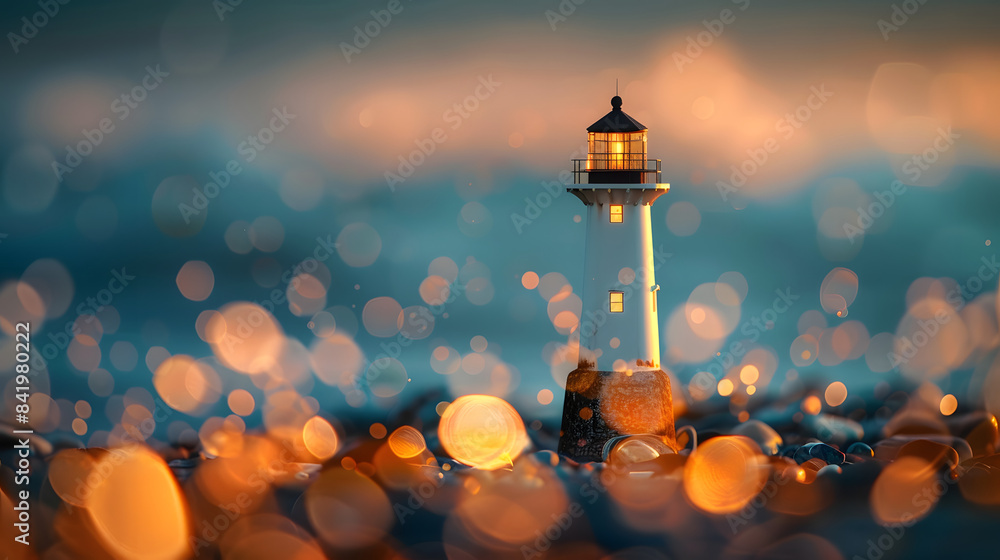 Poster a lighthouse standing majestically in front of a vivid large bokeh. shallow depth of field. striking