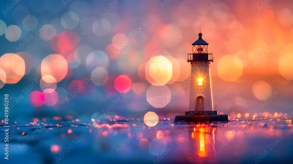 Poster a lighthouse standing majestically in front of a vivid large bokeh. shallow depth of field. striking