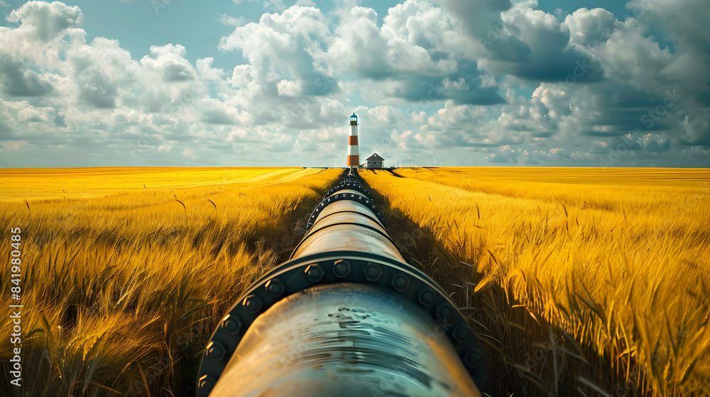 Poster a long iron pipeline crossing a yellow wheat field with a lighthouse standing tall in the backdrop.