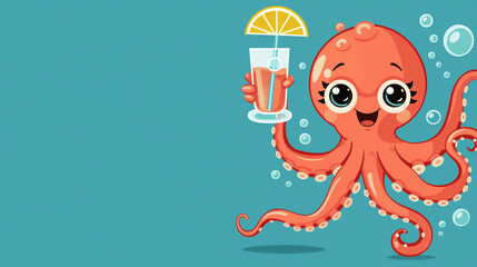 Cartoon illustration of smiling orange baby octopus with cocktail on blue with white bubbles background. Summer banner with copy space for text. Summer wallpaper, postcards, flyers. 