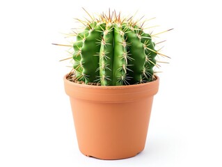 A small cactus in a clay pot on a white background.