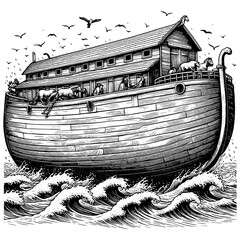Noah Ark, a biblical boat ship vessel, resting on water with two doves in the foreground sketch engraving generative ai PNG illustration. Scratch board imitation. Black and white image.