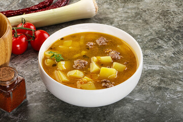 Soup with beef meatball and vegetables