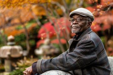 Fototapeta premium Old man wearing hat, sitting under tree in the garden park. Promotion for retirement advertising, nursing home, relaxed day, slow lifestyle, meditation, and many more