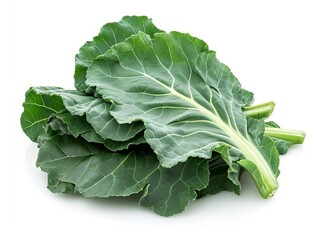A bunch of vibrant green collard greens on a plain white background.