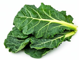 A bunch of vibrant green collard greens on a plain white background.
