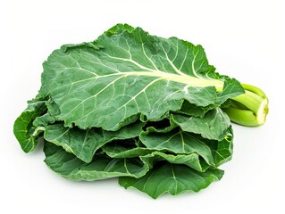 A bunch of vibrant green collard greens on a plain white background.