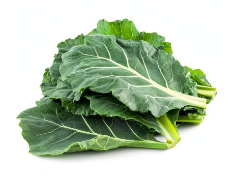 A bunch of vibrant green collard greens on a plain white background.