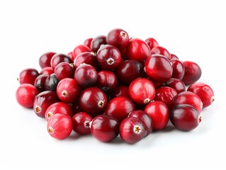 A close-up photo of a pile of fresh cranberries on a white background.