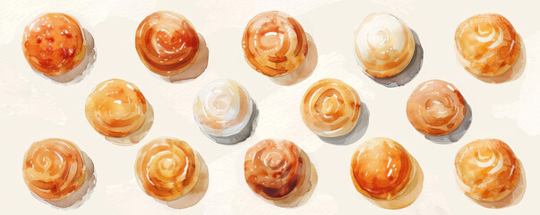 Top view of assorted glazed pastries arranged in neat rows on a light background, capturing their golden and cream tones in delicious detail.