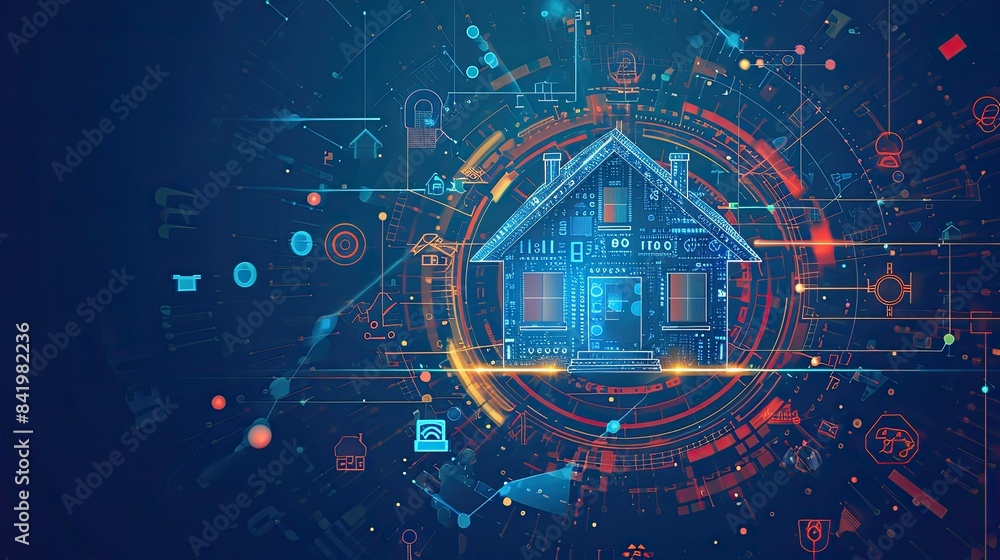 Poster smart home technology concept, house building with digits connected with icons of home smart devices