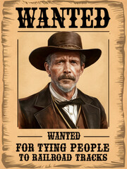 A wanted poster features stern-faced cowboy in brown hat and suit, accused of "tying people to railroad tracks." Poster has vintage, old-western look with bold lettering and a weathered appearance.