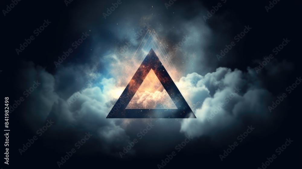 Poster a triangle portal with clouds and cosmic backdrop. surreal digital art concept for mystery, fantasy,