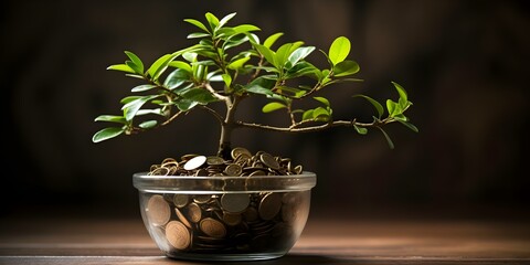 Growing money plant symbolizing financial growth banking interest rates investments and deposits. Concept Money Plant, Financial Growth, Banking, Interest Rates, Investments