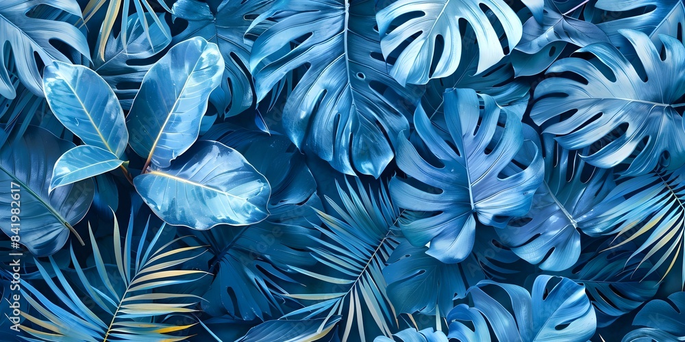 Poster blue botanical pattern background in wide format with hand editing. concept botanical pattern, blue 