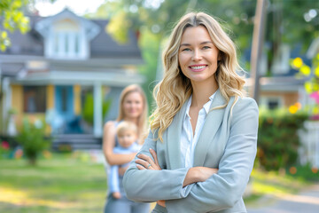 Female real estate agent smiling happily, after selling a new house to family, mother and son in background, horizontal portrait for real estate business advertising