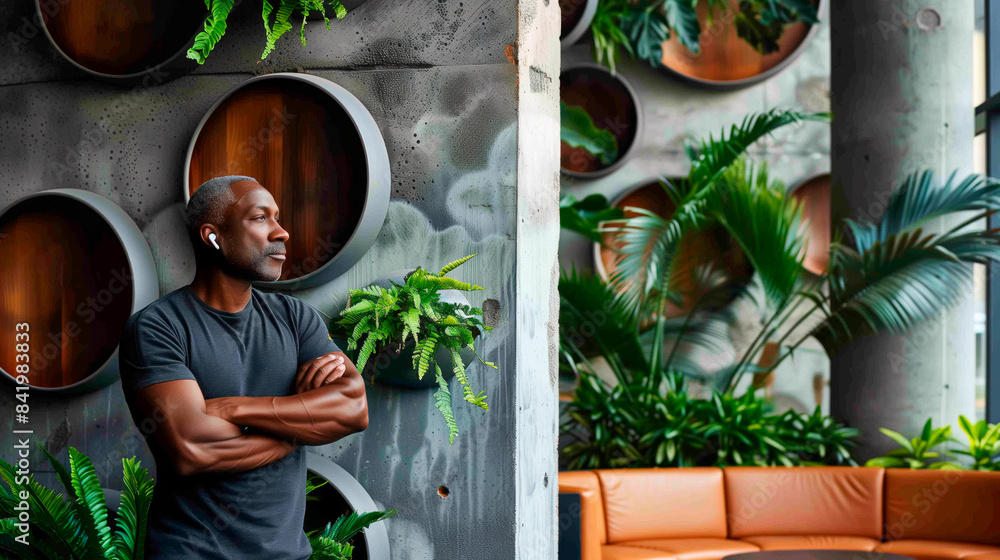 Wall mural Man with earbuds in modern indoor garden .Man wearing earbuds stands confidently in a stylish, plant-filled indoor space with circular wall features and modern decor.