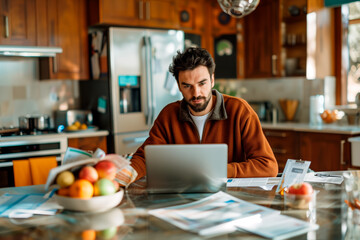 Fototapeta premium A young man sits at the kitchen table, working on his laptop, surrounded by documents and a bowl of fruit, focused and engaged in his tasks