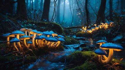 Enchanted forest with glowing blue mushrooms and golden rivers. Concept art. fantasy
