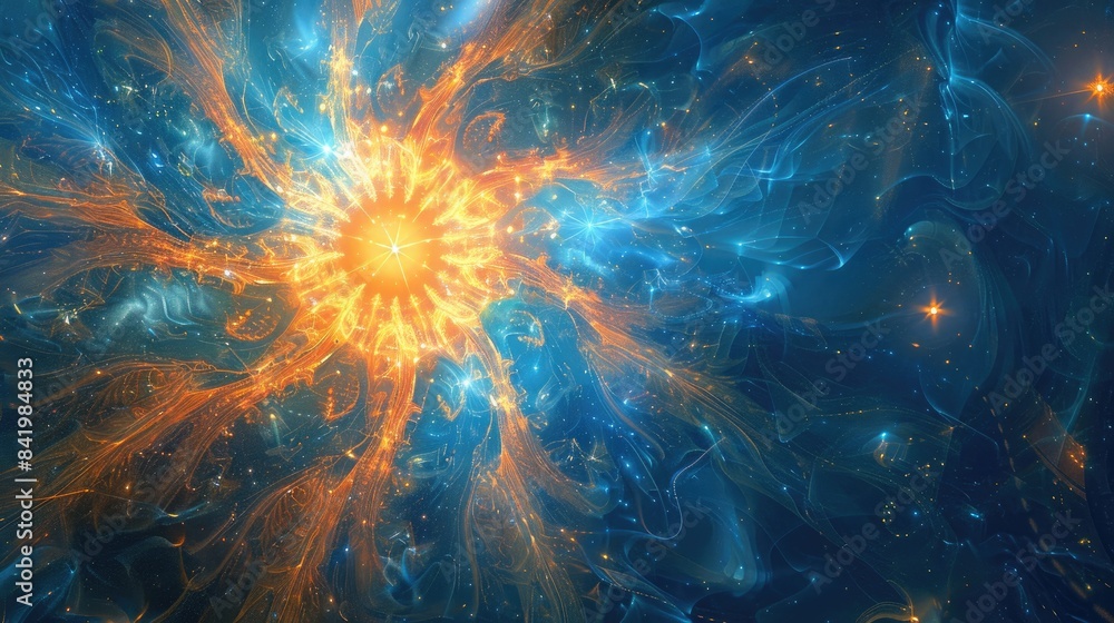 Poster fractal explosion star with gloss and lines on a blue abstract background