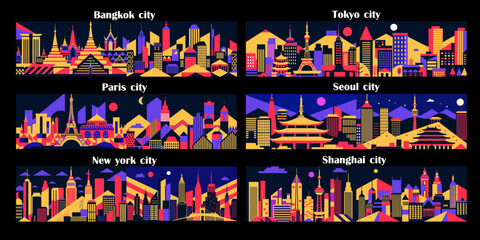 Catchy city graphics  New York  Paris  Bangkok Tokyo Seoul  Shanghai