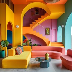 Spacious Living Room Featuring a Colorful Sofa and Yellow Stairs, Interior Design Inspiration: A Bold and Colorful Living Room, Playful Living Room with a Yellow Statement Staircase, generative ai