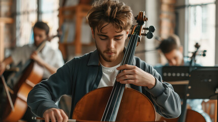 Fototapeta premium Concentrated Cellist Practices With Ensemble, Sunlight Filtering Through Cozy Room’s Windows