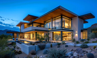 Modern house facade at night. Concrete, wood, steel and glass materials