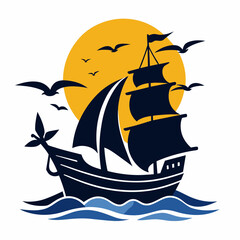 Ship in the sea with sunset vector silhouette on white background 