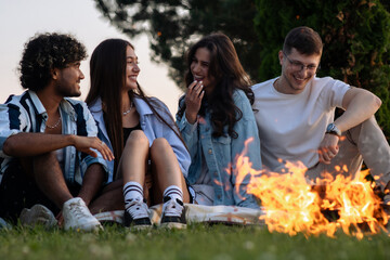 Group of friends sitting around the fire in evening, talking, laughing and having a great time outdoor. 