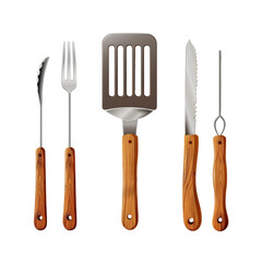Set of wooden handle kitchen utensil including knife, spatula, fork, tongs for cooking and grilling isolated on transparent background.