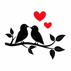 Couple Birds in Love on Branch Vector silhouette on white background