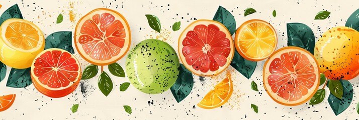 Vibrant Citrus Fruit and Green Leaves Abstract Background