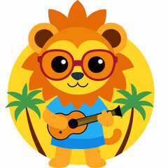 Lion wearing sunglasses and a Hawaiian-style shirt and playing a vector illustration on white background