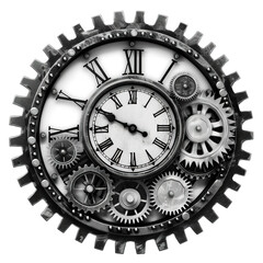 Black and White Gear Clock isolated on white or transparent background