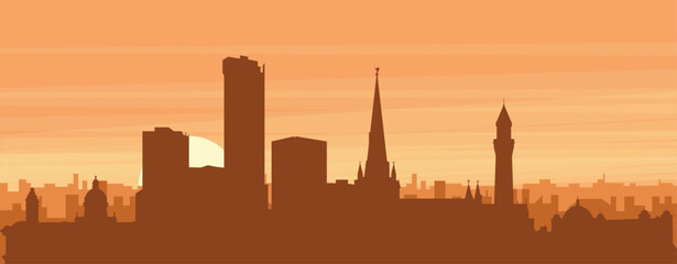 Brown panoramic poster of the city skyline with misty background buildings, sunrise, clouds and mountains of BIRMINGHAM, UNITED KINGDOM