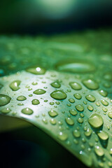 Beautiful details of nature. Morning dew drops on fresh green leaf. Summer nature macro pattern, fresh rain drops on green leaf. Peaceful tranquil ecology Beauty in nature. Relaxing soft blue green