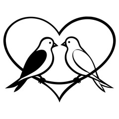 Couple Birds in Love Silhouette on Branch Vector Silhouette on white background 