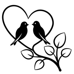 Couple Birds in Love Silhouette on Branch Vector Silhouette on white background 