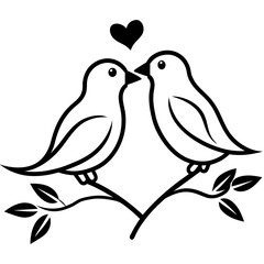 Couple Birds in Love Silhouette on Branch Vector Silhouette on white background 