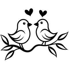 Couple Birds in Love Silhouette on Branch Vector Silhouette on white background 